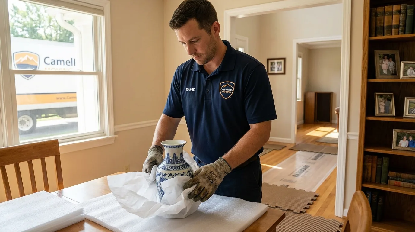 Professional crew carefully wrapping antique vase for senior downsizing move in Nisswa, MN